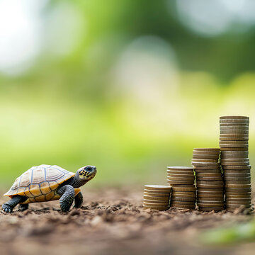 A turtle moving toward a growing stack of coins