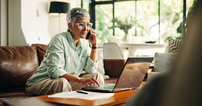 Budget finance or senior woman with phone call by laptop for annuity fund 1541415719