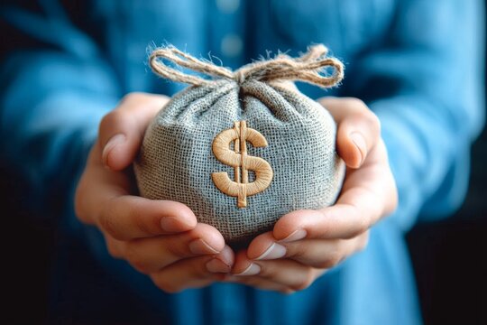 Person holding burlap sack with dollar sign 1104804081
