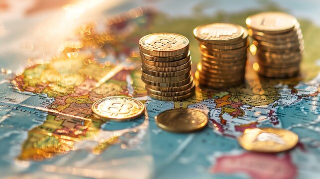 Stacks of coins on a world map symbolize global economy 910037973